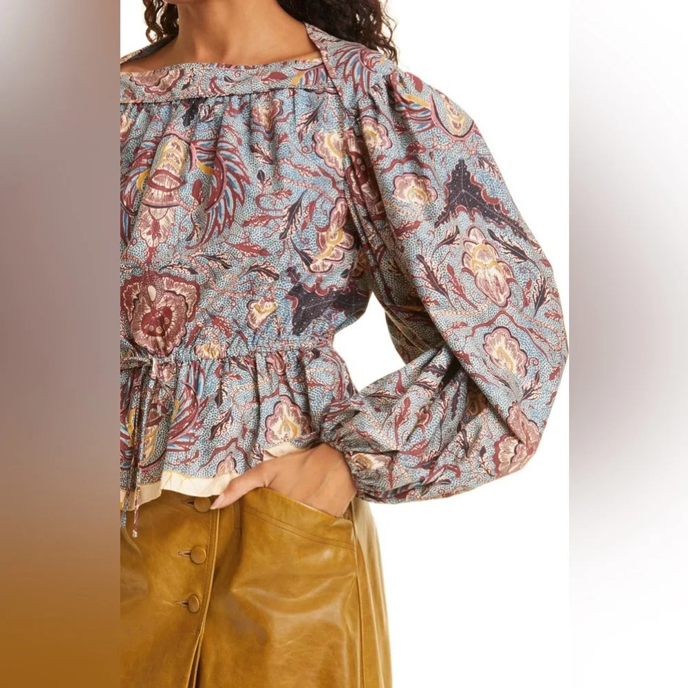 NWT Ulla Johnson Slate blue/grey red Mireya peplum cotton blouse